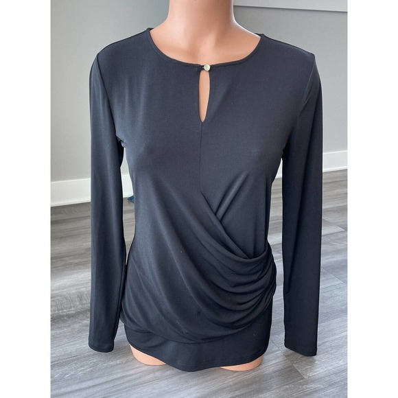 Daisy Fuentes Black Faux Wrap Shirt Blouse S Stretch Slinky B3 - Picture 1 of 6